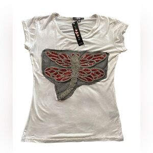 Short Sleeves Ivory S/M T Shirt With Sequins Butterfly Applique BNWT